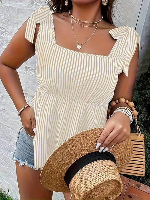 Plus Size - Plus Size Women Neck Striped Tank Top - Adjustable Tie-Front, Stripes, Non-Stretch Fabric, Wide Strap Casual Vacation Wear for Spring Summer Fall, Summer Tank Tops, Seasonal Fashion, Relaxed Fit, Comfortable Fabric, Stylish Blouse, , Beach Outfit, Breathable Material, Fashionconscious Women