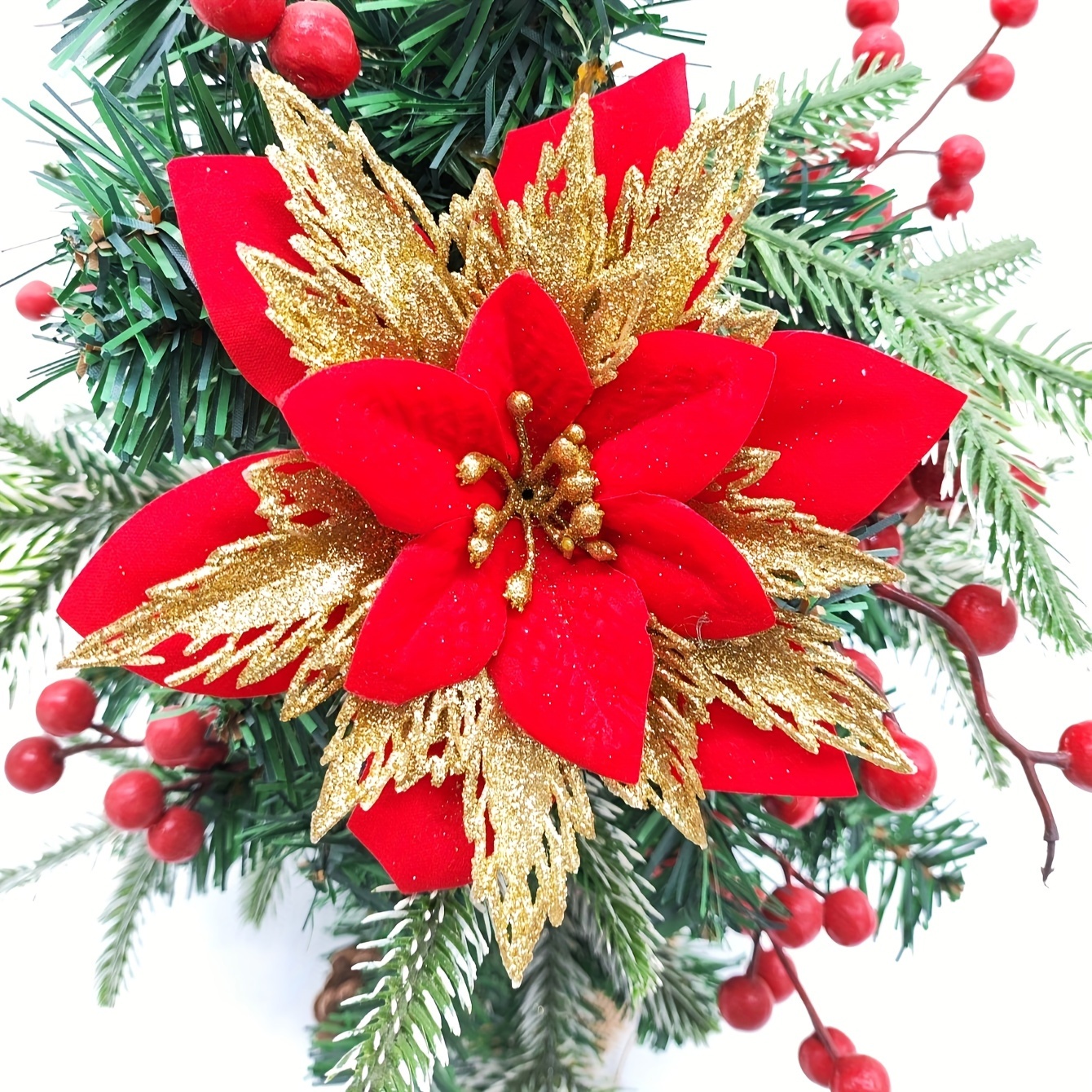 

Kelzero 10pcs 6.3" Triple-layer Christmas Flowers With Golden Glitter - Tree Wreaths & Holiday Decorations, No Battery Needed