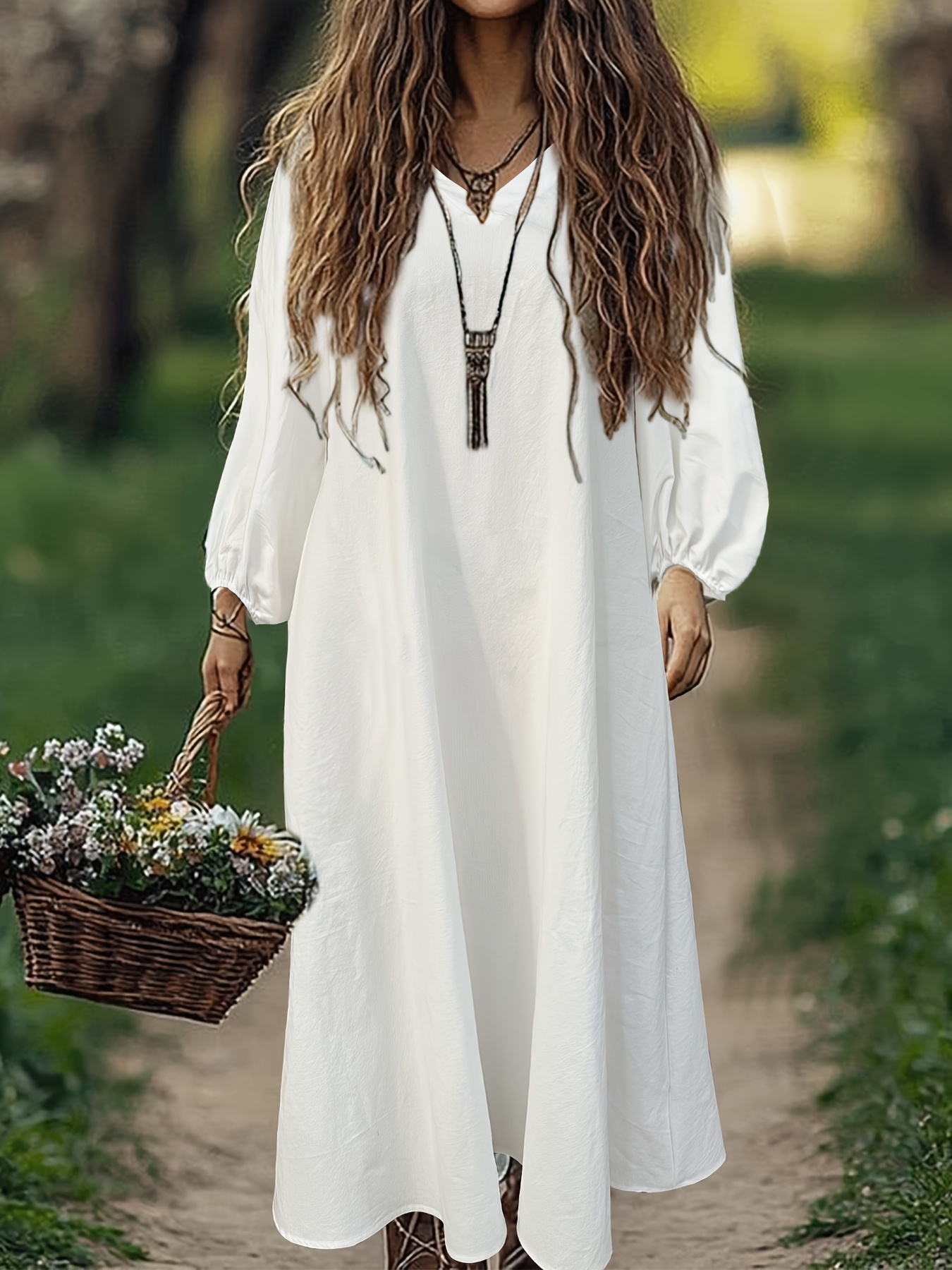 fashion womens loose retro solid color long sleeve maxi - Temu
