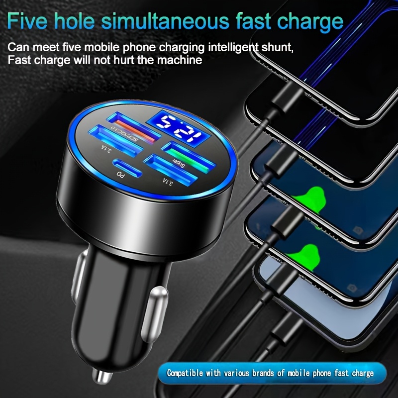 Baideluo 5-Port Car Charger with LED Display - Fast Charging for Multiple Devices, Universal 12-24V Adapter for In-Car Use, Car Charging Solution|Modern Car Charger|Compact Charger, Without Battery