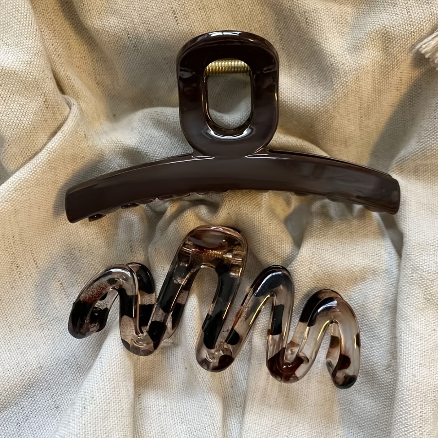 TEMU 2pcs Brown Claw Clip Set, Glossy Solid Large Hair Clips And Leopard Print Wavy Hair Grab, Fashion Women's Thick Hair Additions (built- Random