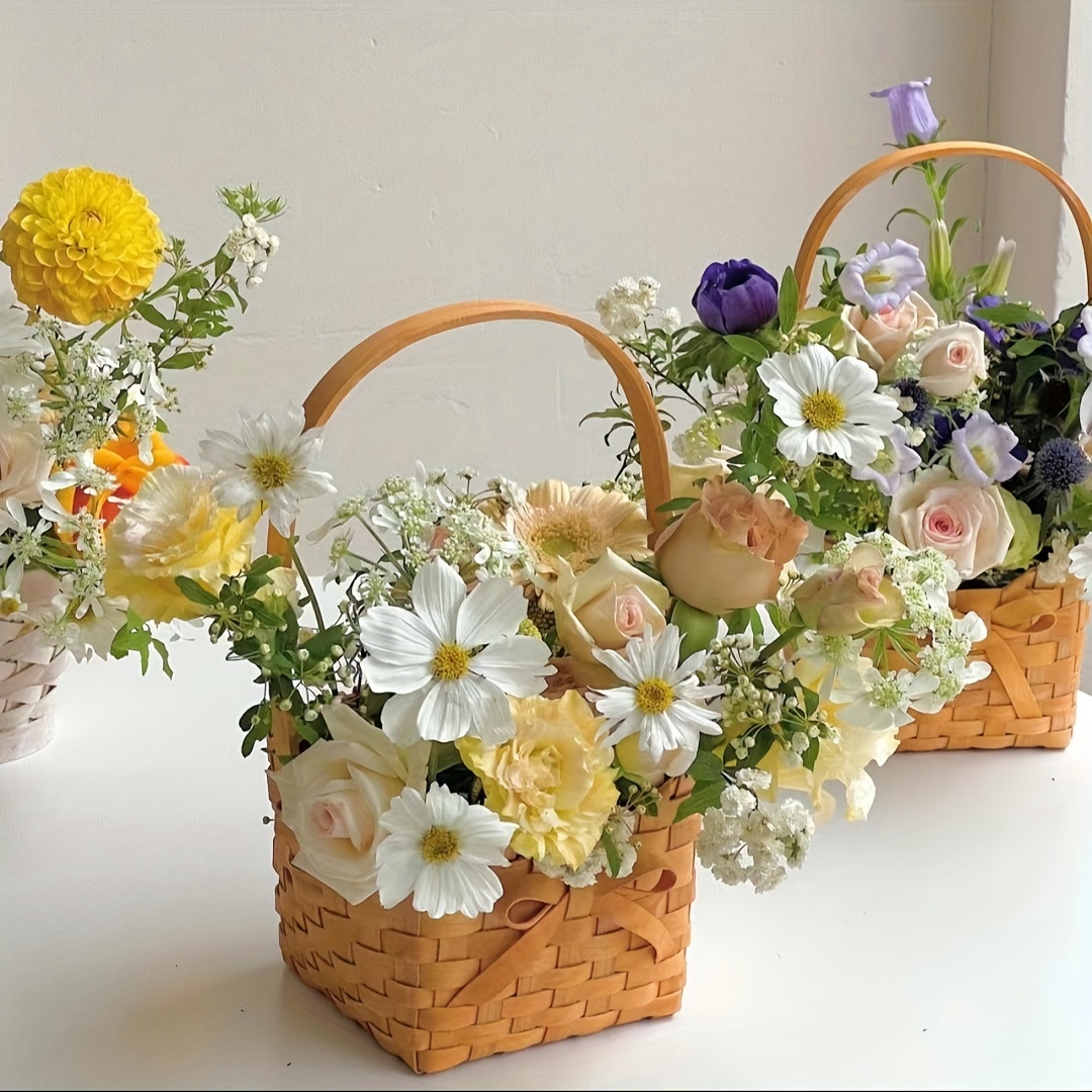 Cesta de flores de mimbre con asa, 8.2 pulgadas, cesta de Pascua tejida  pequeña para decoración de jardín y accesorios de tiro