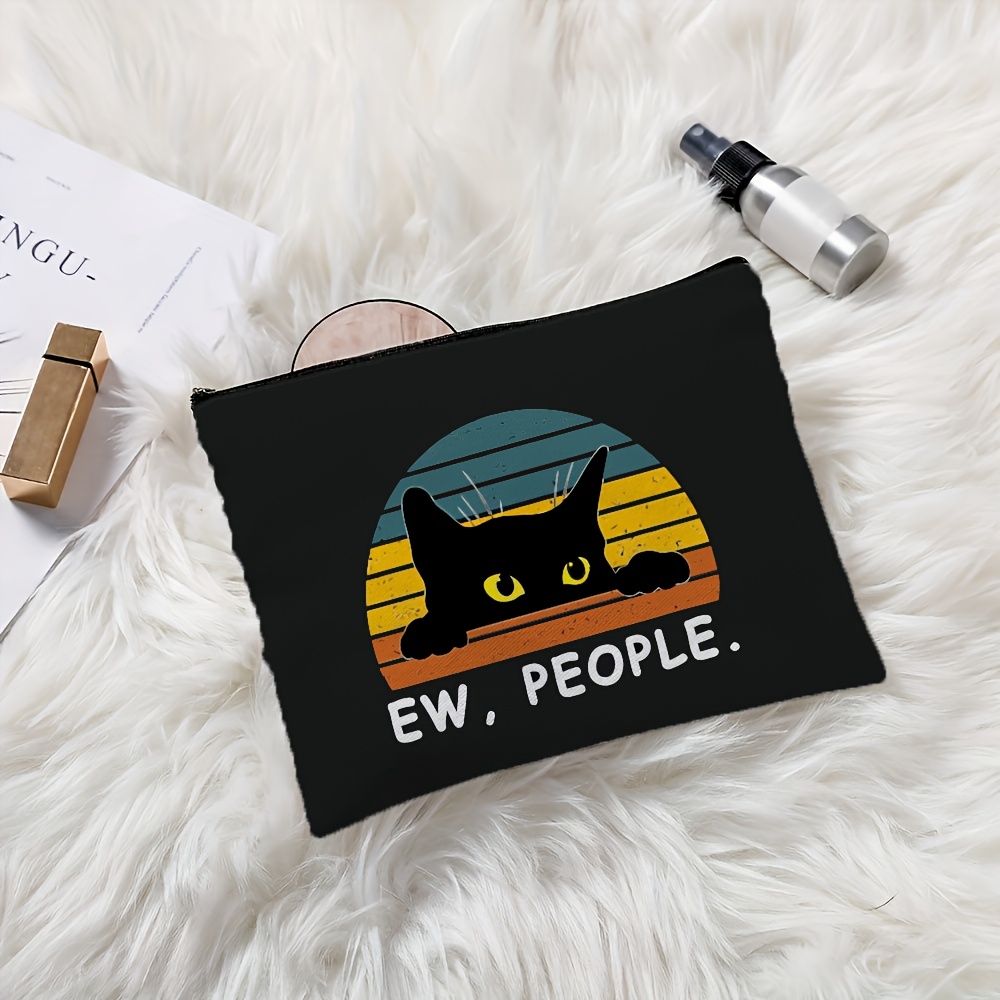 TEMU 1pc, Women's Vintage 80s Pop Art Cat And Figure Print Cosmetic And Pen Pouch - Black With Multicolor Stripes, Durable Polyester Travel Toiletry