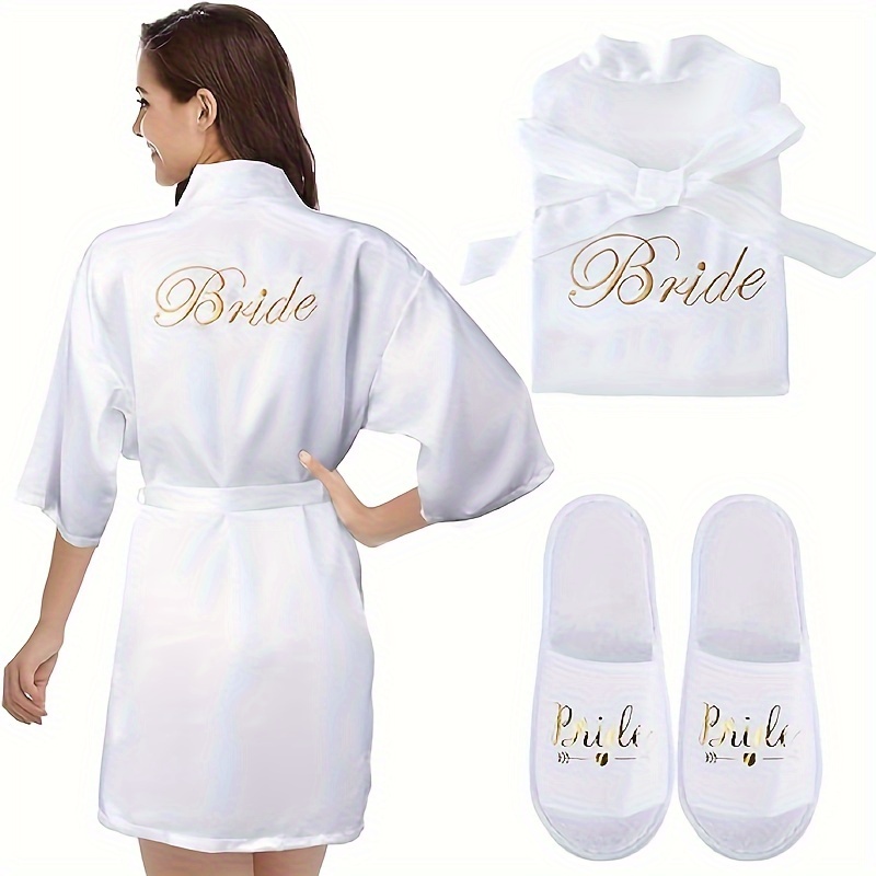 

1set, Bride Robe Bride Gown White Brides Robe Set With Bride Slippers Satin Robes For Women Wedding Party
