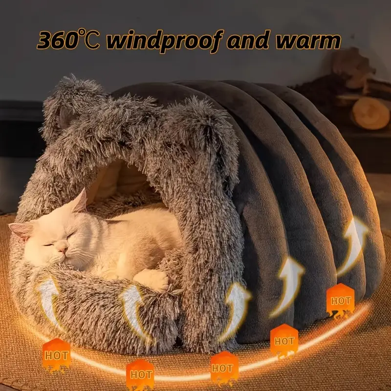 1pc winter warm fleece cat cave polyester fiber plush pet bed cozy for small to medium cats and dogs windproof 360 thermal non assembled cat house Product details 1