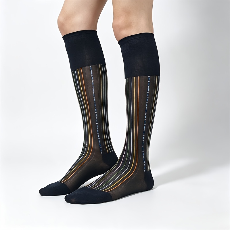 TEMU 1 Pair Of Tnt Color-striped Thigh-high Stockings, Men's Business Formal Wear, Y Japanese-style Nylon Stockings