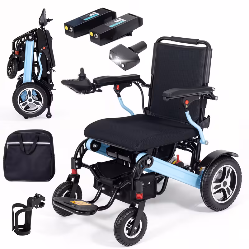 adult electric wheelchair 400 lbs weight capacity all terrain 700w dual motors 20 inch wide seat foldable design back bag cup holder headlights and usb charging port Product details 0
