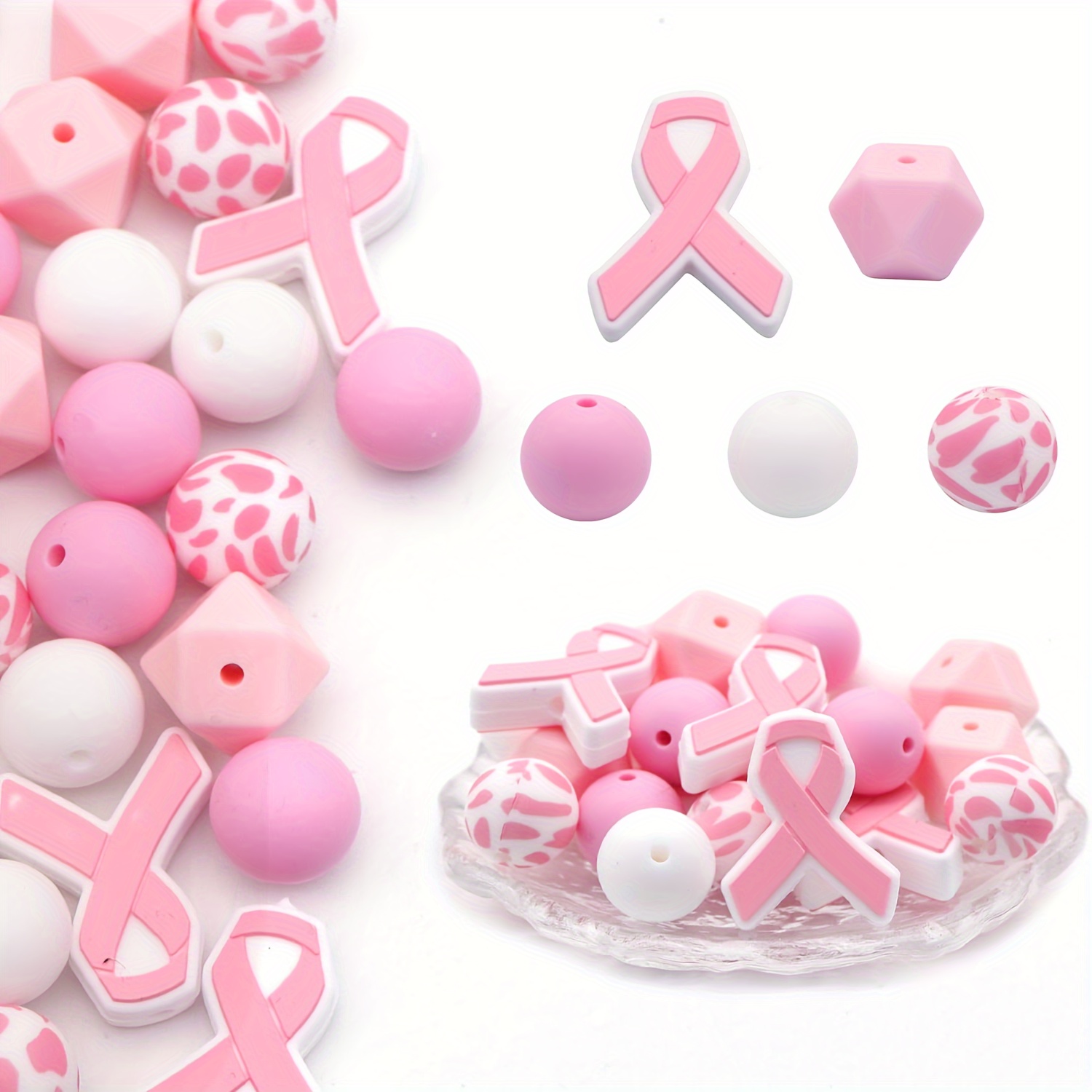 

25pcs Pink Ribbon Shape Silicone Bead Set, Assorted Shapes For Diy Necklace, Keychains, Bag Chain, Phone Straps, Bracelets, Jewelry Making Supplies, Breast Cancer Awareness Craft Kit