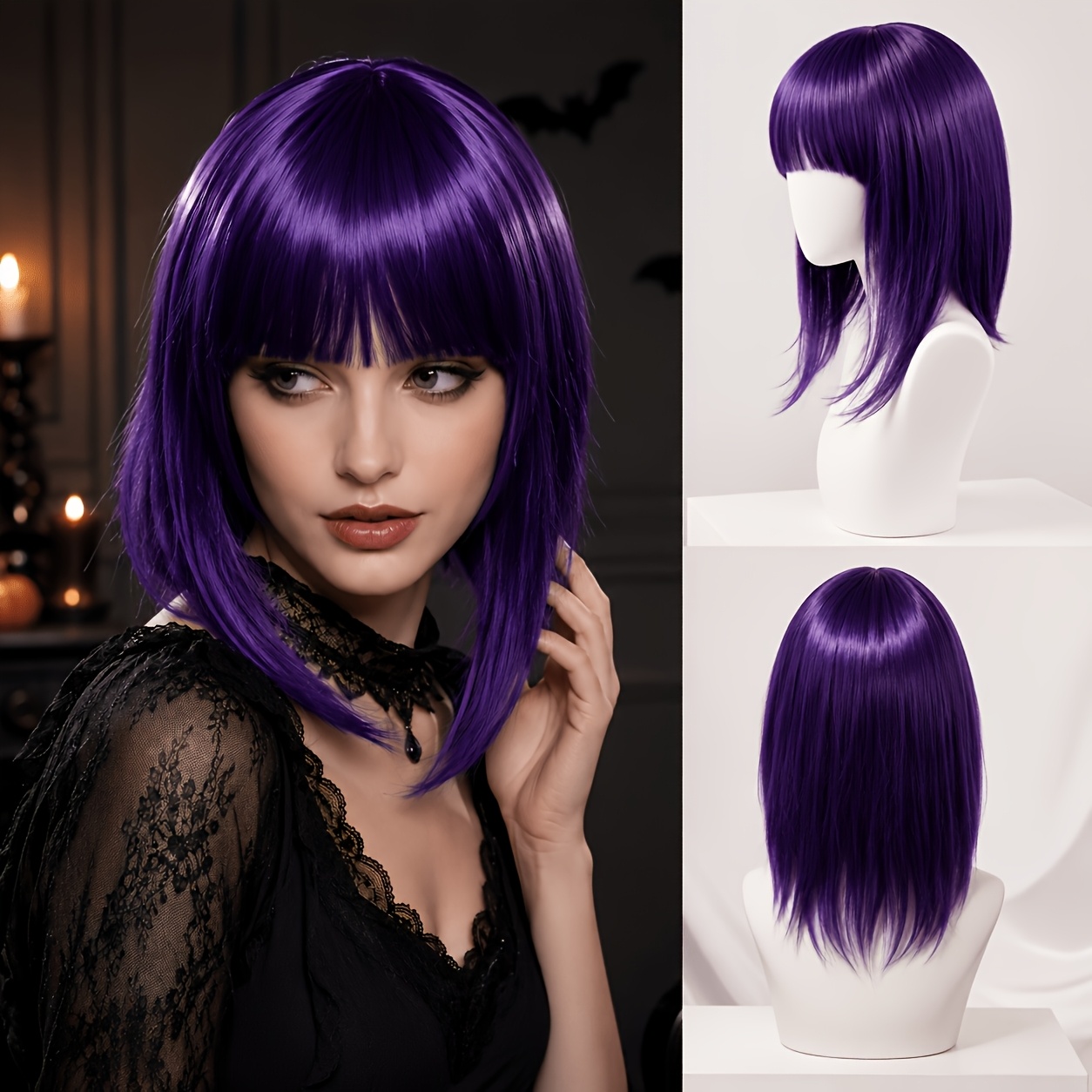 TEMU 14-inch Deep Purple Straight Bob Hairpiece With Thick Bangs, Halloween Anime Cosplay Short Wig, Suitable For Costume Parties
