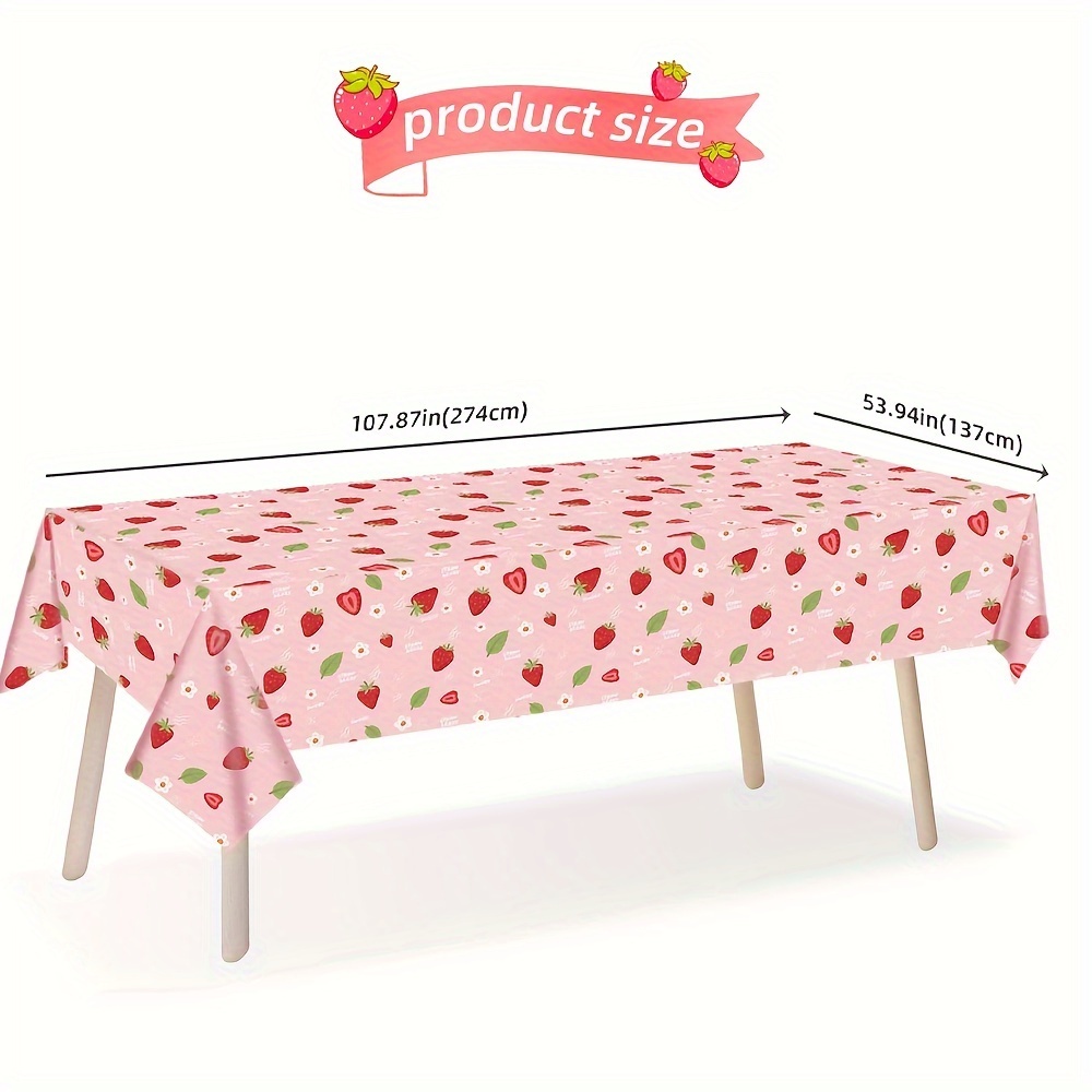 TEMU Strawberry Pattern Plastic Tablecloth, 1pc - Universal Spring/summer Birthday Party Decorations, Berry-themed Table Cover For Kids' Parties, Disposable Rectangular Tablecloth