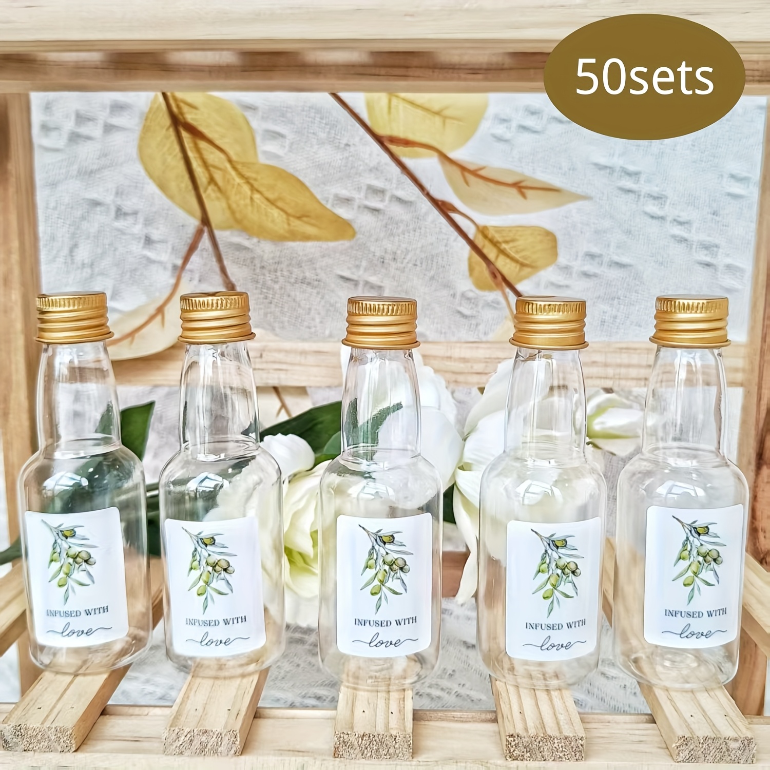 E-shop Set mit 50 dekorativen Mini-Flaschen für Olivenöl-Geschenke, mit goldenen Schraubverschlüssen und einer Kapazität von 1,76Oz/60ml. Diese leeren