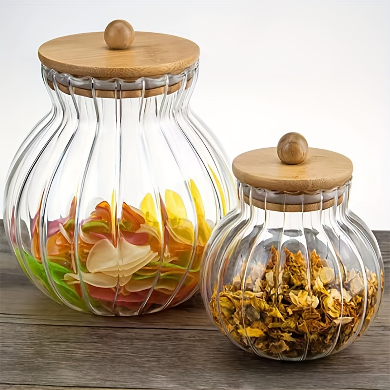 1pc striped glass storage jar with bamboo lid multipurpose reusable kitchen dining container for tea snacks seasonings and candy details 9