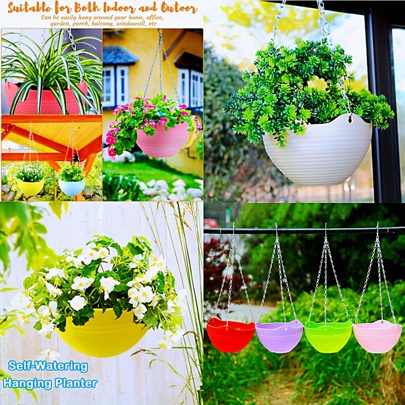 

3-piece Self-watering Hanging Flower Pots With Drainage Holes - Circular Plastic Baskets For Indoor & Outdoor Decor, Includes Metal Chains