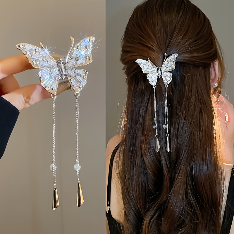 

Elegant Butterfly Hair Claw With Sparkling Zirconia - Chic Metal Tassel Design, Simple Yet Accessory For Women