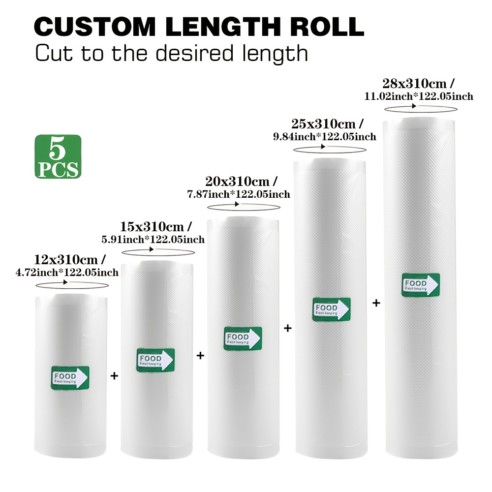 TEMU 5pcs Kit Vacuum Sealer Rolls, Heat-resistant Free-cut Bags, Multi-width And 310cm Each, Vacuum Sealer Machine Bags, Compatible With All Vacuum