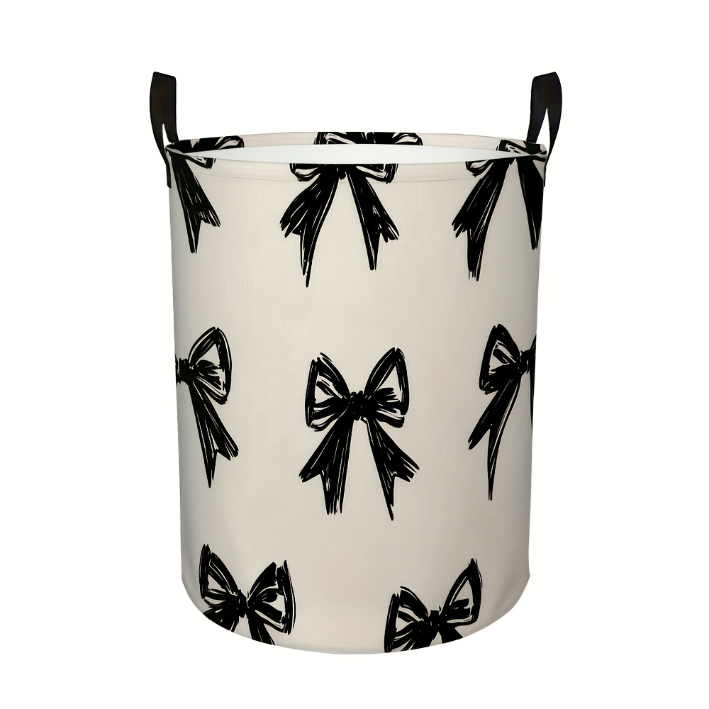 1pc, Black And White Bow Pattern Printed Laundry Basket, Large Capacity For Storing Dirty Clothes, Towels, And Magazines. Suitable For Home Decoration And Shelf Baskets, Laundry Baskets