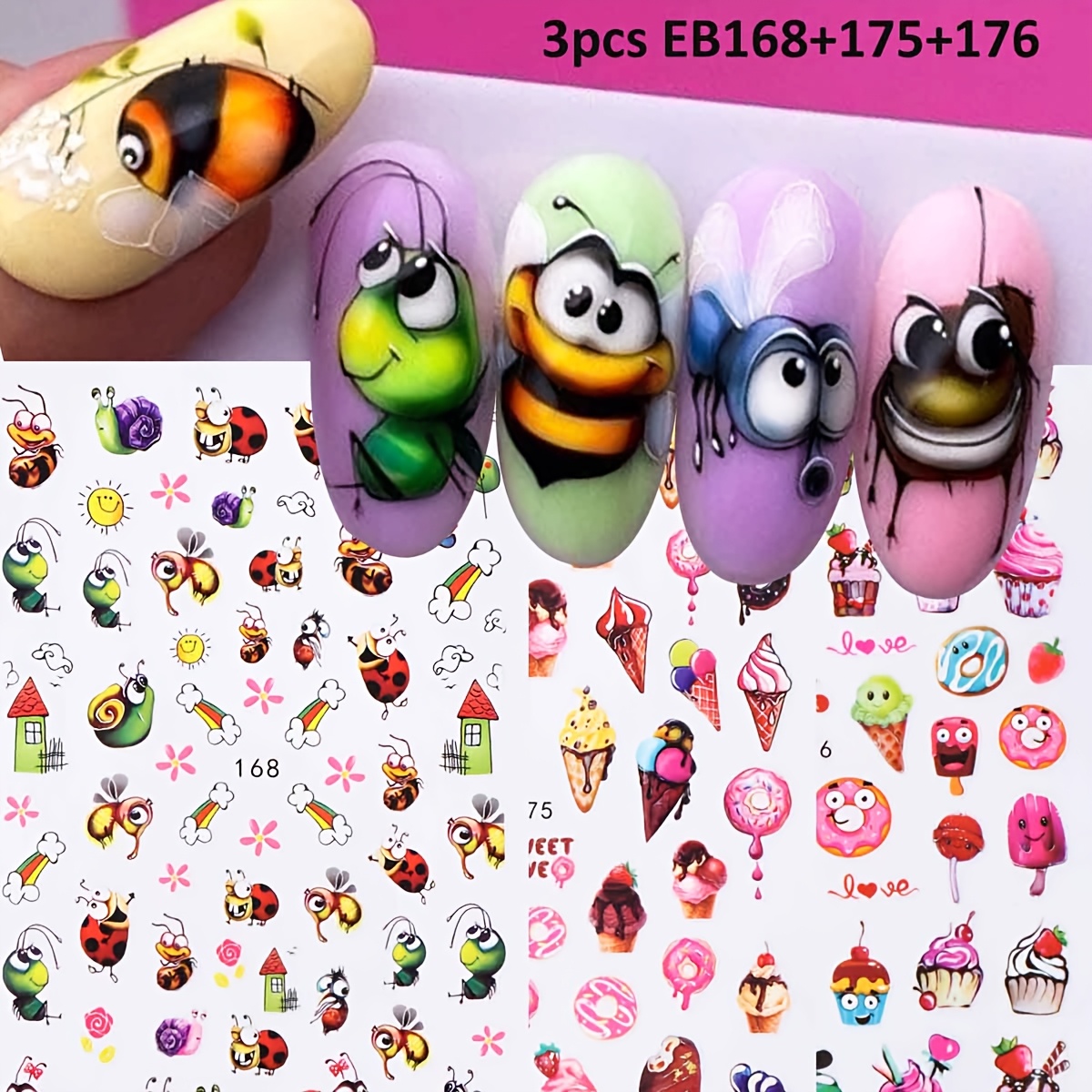 Cute Ants 3d Nail Art Stickers - Self-adhesive Sliders With Glittery Eyes, Faces & , Vibrant Colors, Semi-, Single-use Nail Decals For Women, Cute Nails