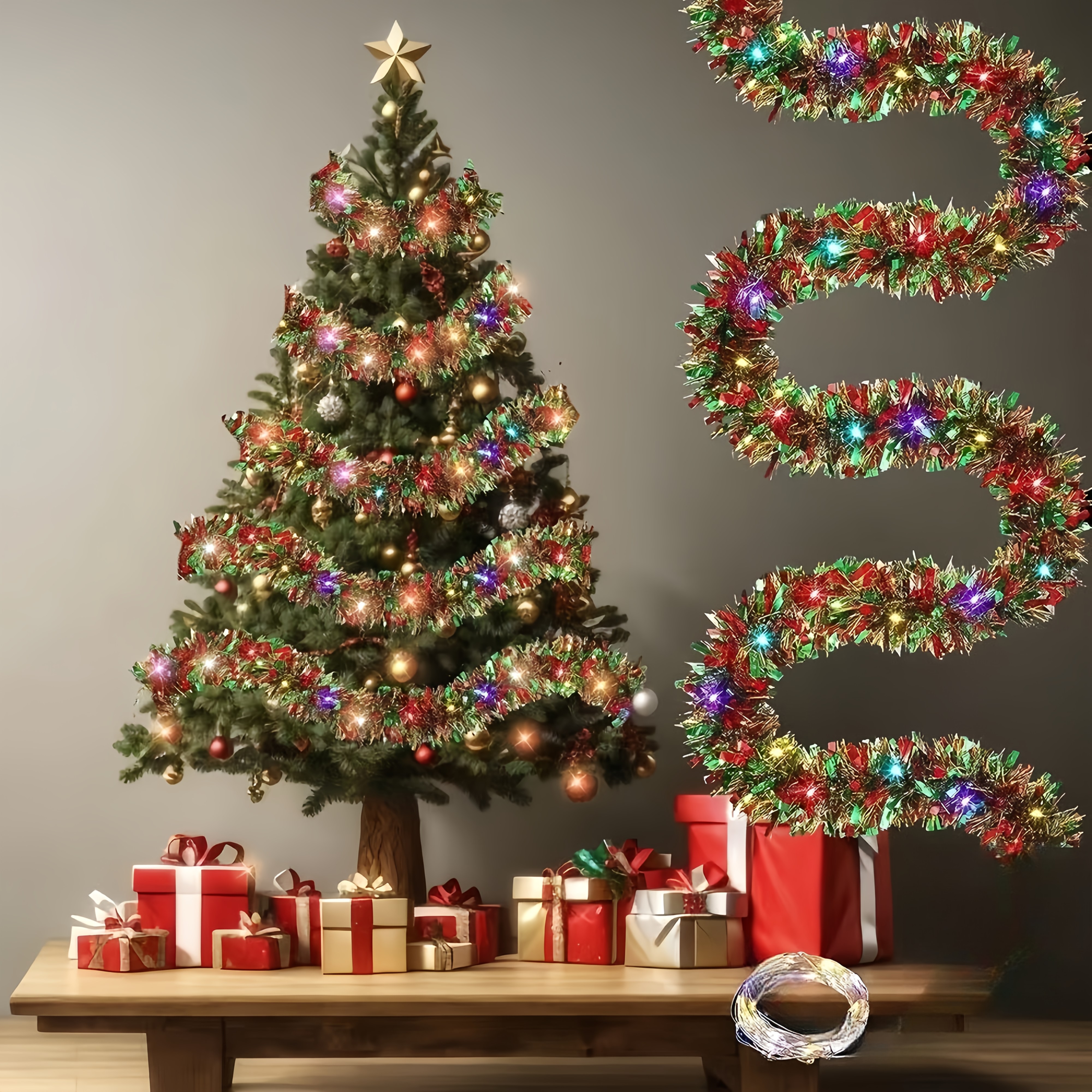 TEMU 1 stuks LED Kerst Glitter Slinger Licht String, Metallic Textuur, Dik Hangend Kerstboom Ornament, Werkt op Batterijen (Batterijen Niet
