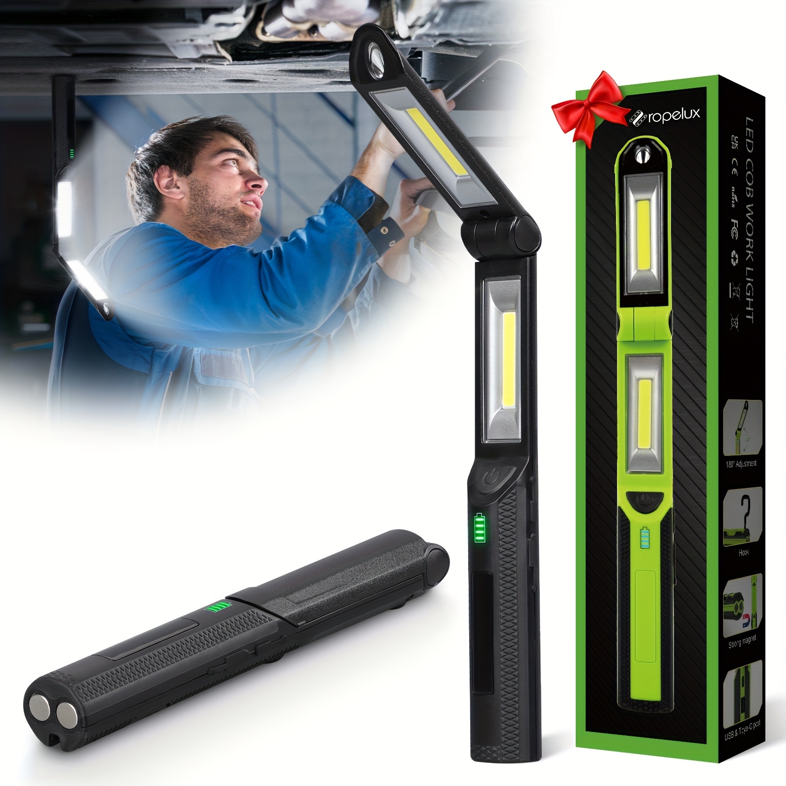 

Ropelux Work Light, Rechargeable Led Work Light 1500 Lumes, 180° Rotate Foldable Mechanic Work Light 3 Modes, With 4 Strong Magnetic And Hook, Work Lights For Mechanics Car Repairing/under Hood