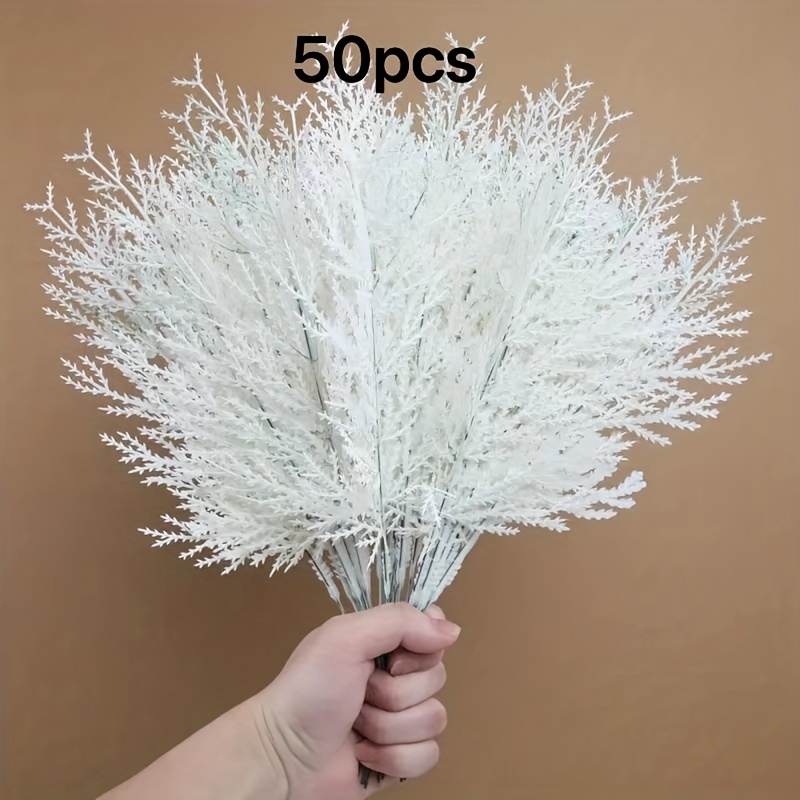 TEMU 50pcs White Artificial Pine Branches - Plastic Christmas Eucalyptus Leaves Stems, Tabletop Seasonal Decor For Day, , Thanksgiving, Valentine's - No Electricity Or Battery Needed