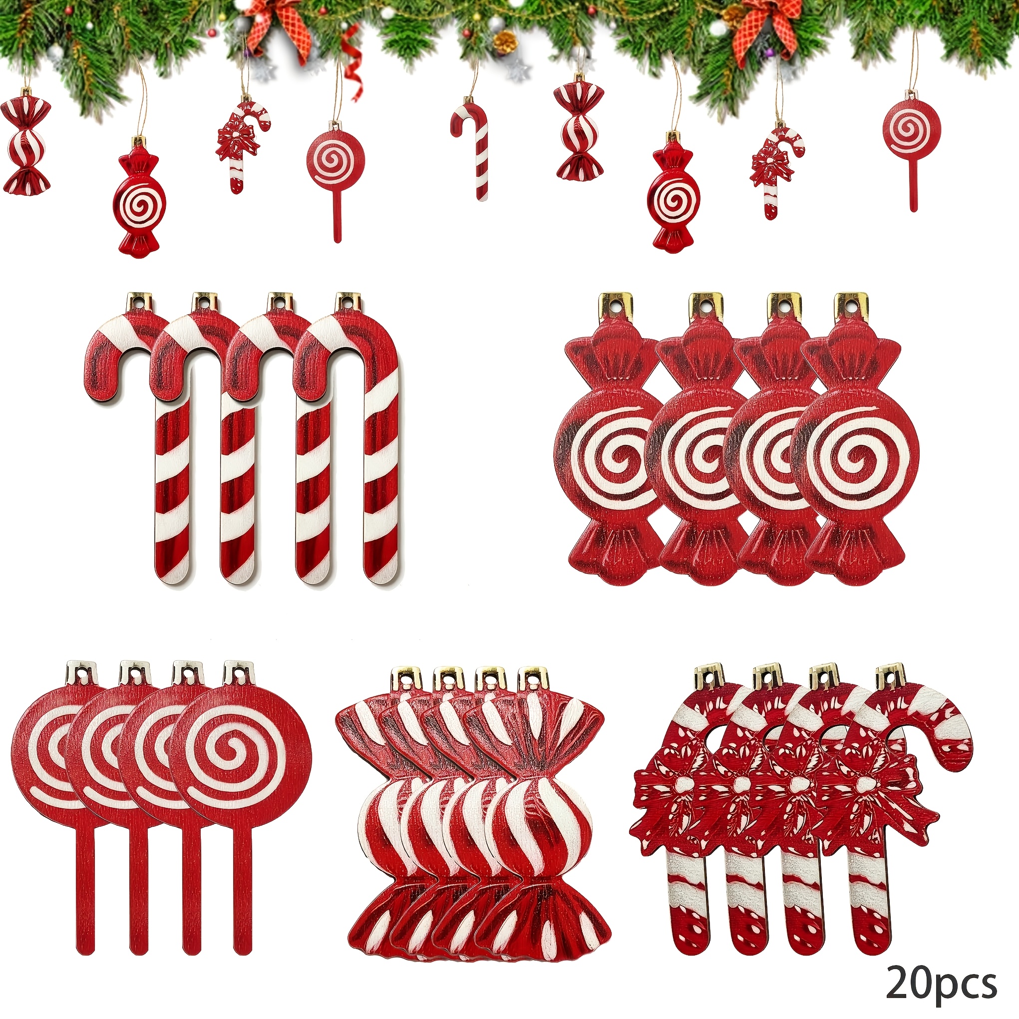 TEMU 2d Flat, 20pcs Set Of Candy-themed Hanging Ornaments, Featuring Peppermint Lollipop And Candy Cane Patterns; With Flat Two-dimensional Printed