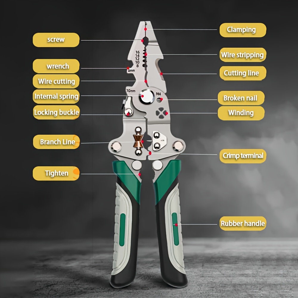 a foldable multifunctional wire stripper designed for electricians made from high carbon steel this versatile tool used for cutting crimping and stripping wires suitable for all electrical tasks factory machinery maintenance and bicycle or automotive repair details 6