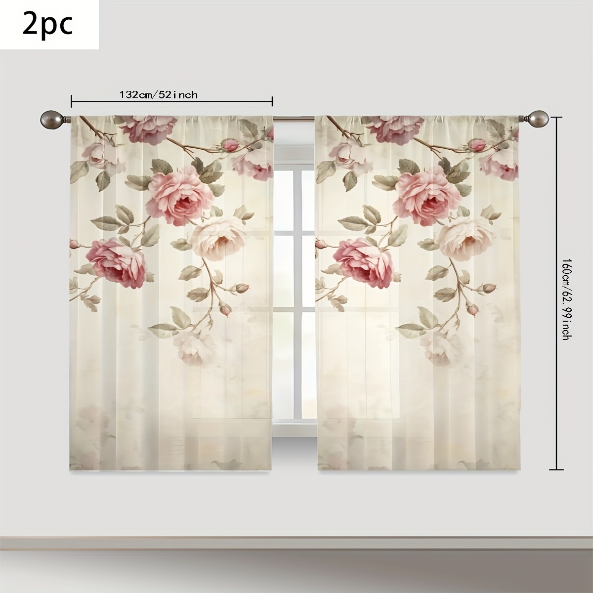 TEMU 2pcs Abstract Large Flower Group Transparent Privacy Screen Curtain, Rod Pocket Polyester Screen Curtain, Suitable For Bedroom, Study, Living