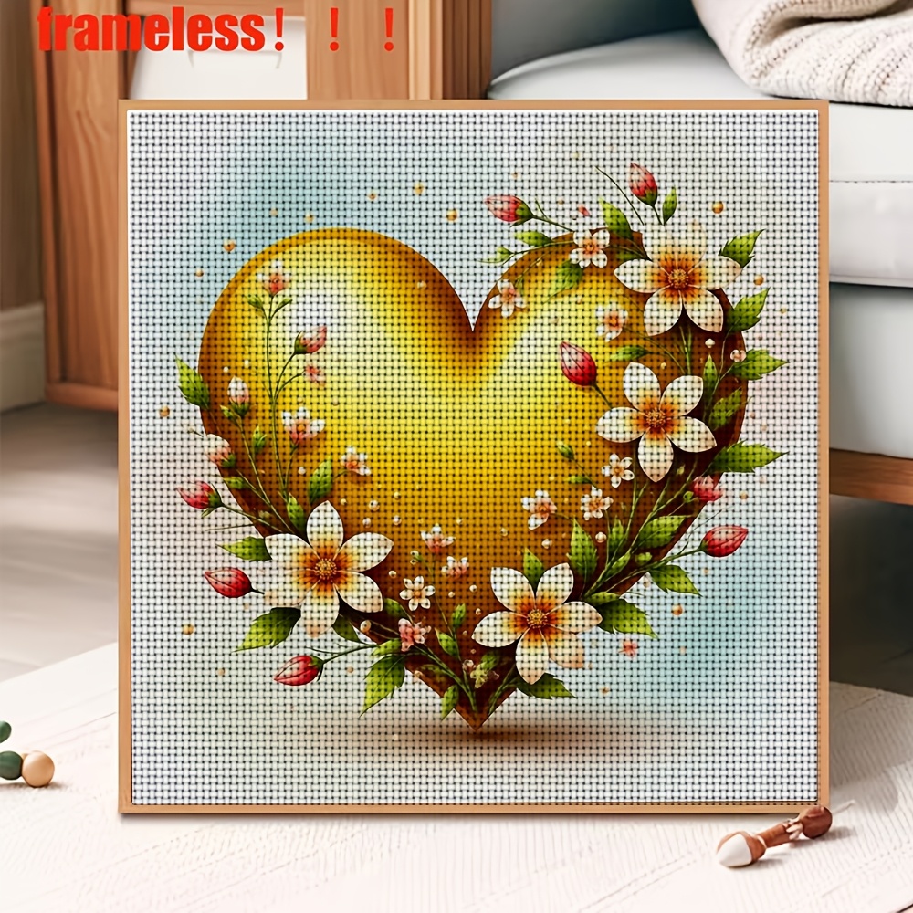 DIY Cross-Stitch Printed Kit, Golden Heart with Floral Pattern