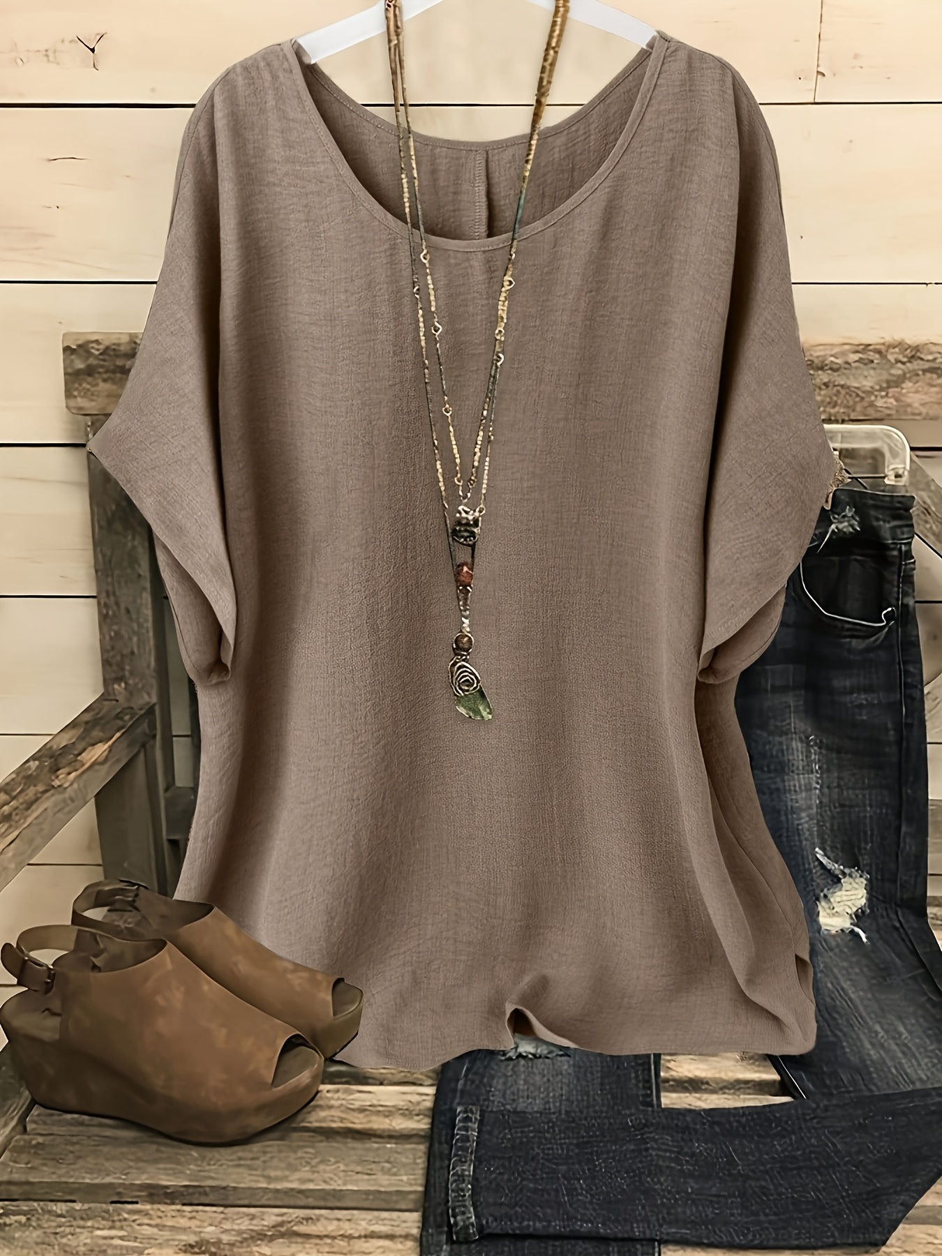 Women'S Casual Summer Top, Round Neck Short Sleeve Loose Fit Solid Color Machine Washable Vacation Casual Outing Beach Top Relaxed Fit Shirt, Glossy Texture Beachwear