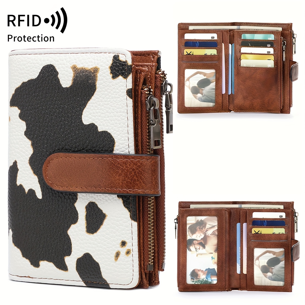 TEMU Rfid Shielded Vintage Trifold Wallet | Multi-functional Large Capacity, Zip Pockets, Credit Card Slot, Snap Closure - Miyin