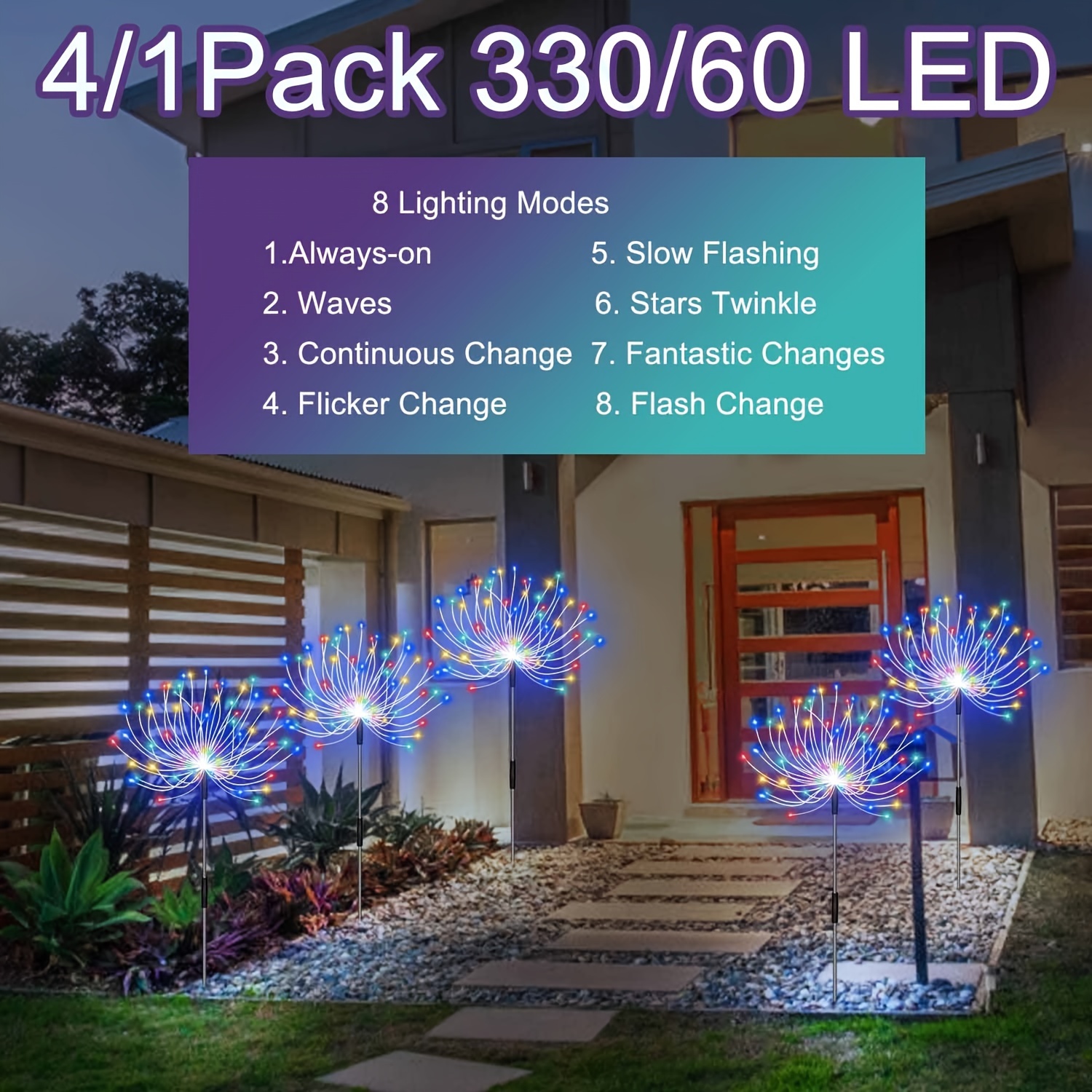 

4 Pack 330 Led Solar Firework Lights, 1pc 60led Lights Solar Decorative Lights, Ip65 Waterproof Stake Landscape Lights With 8 Flashing Modes, For Decor (colorful, Warm White)