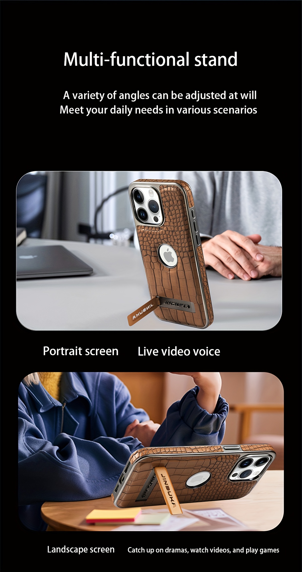 logo view case for iphone 16 15 14 13 12 pro max kickstand   leather magnetic wireless charging electroplated frame vegan   classic luxury elegant thin shockproof full protection cover Product details 3