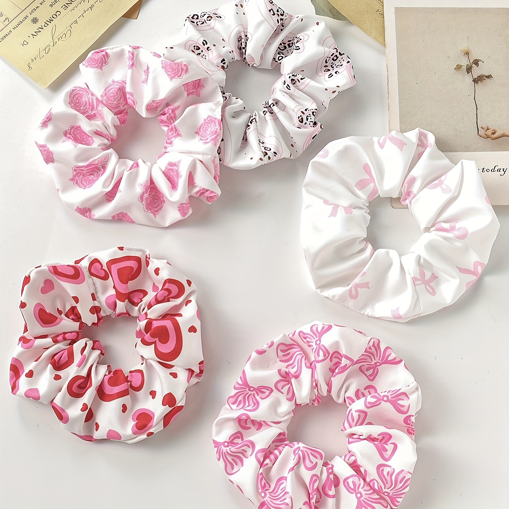 

5pcs Elegant 's Scrunchies Set, Fabric Heart & Bowknot Hair Ties, Stretchy Non-damage Hair Rings For Women