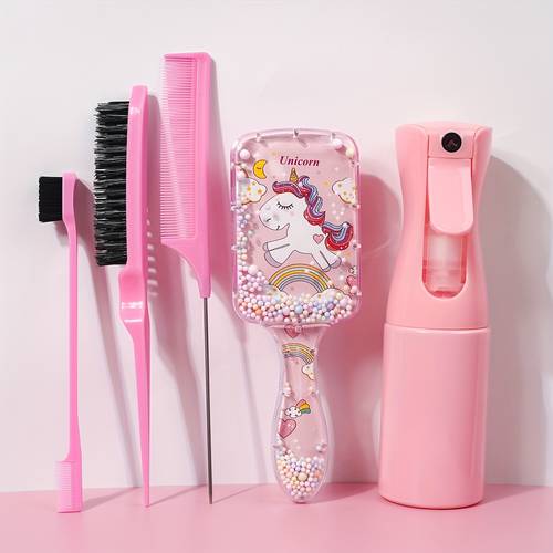 5pcs unicorn cartoon detangling hair brush set 6 8oz 200ml continuous fine mist spray bottle hair styling brush for hairstylist hair styling tools travel essential suitable for all kinds of hair