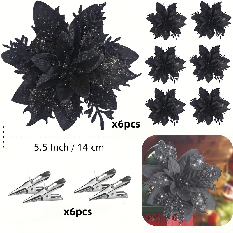 TEMU 12pcs Set Of 6pcs Flowers And 6pcs Clips, Black Christmas Flowers, Artificial Flowers With Metal Leaves - 5.51 Inches Realistic Christmas Decor