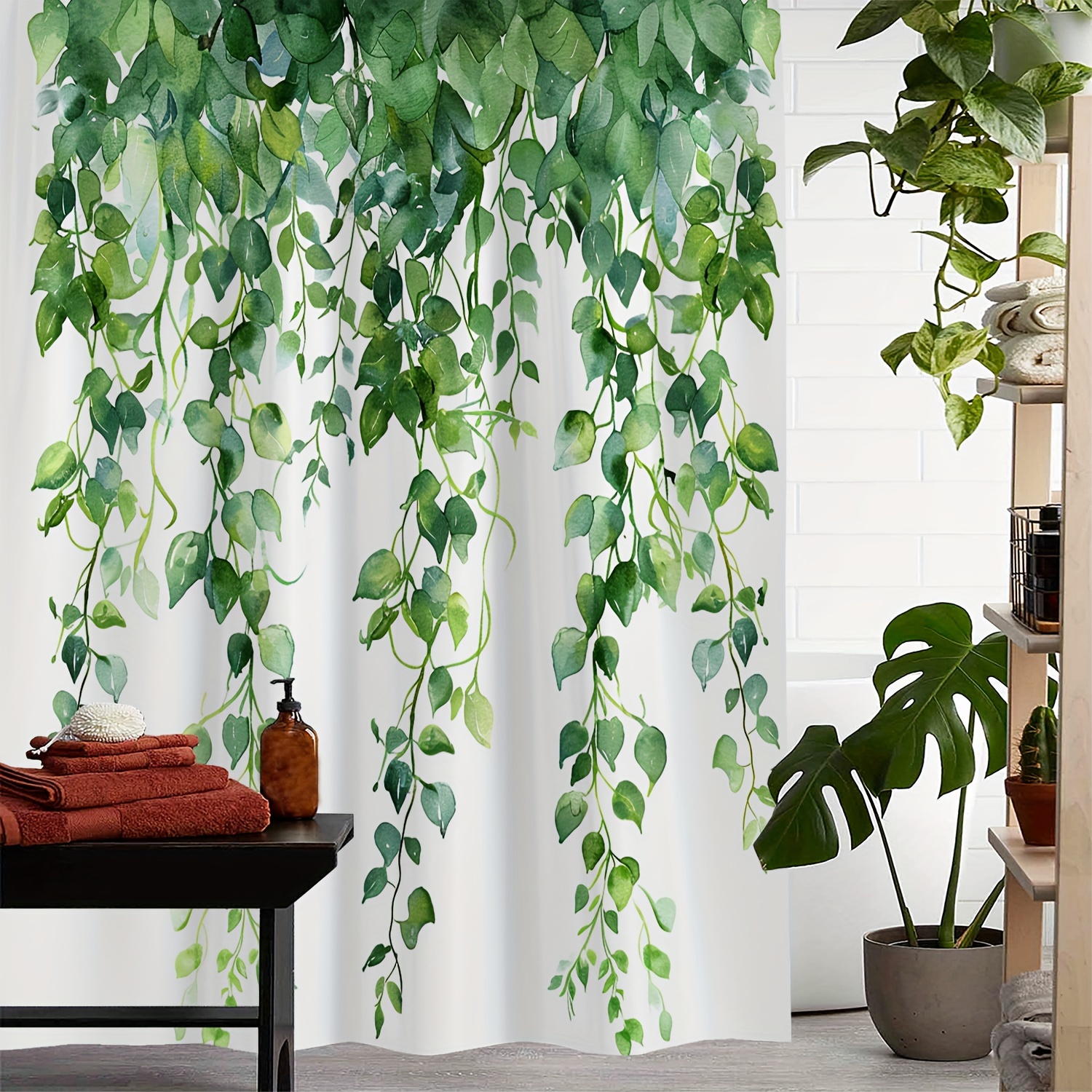 

1pc Greenery Vine Leaf Pattern Shower Curtain, Waterproof Shower Curtain With Hooks, Bathroom Partition, Bathroom Accessories, Home Decoration