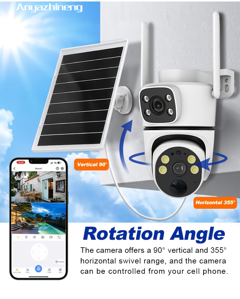 1pc ANYAZHINENG Solar Powered Dual-Lens Security Camera, 1080p HD PTZ Night Vision, Motion Detection, Two-Way Audio, Wi-Fi Enabled, App Controlled, Non-Waterproof, for Home//Pet Monitoring details 2