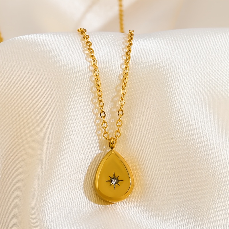 TEMU 1pc Stainless Steel Teardrop Square Synthetic Zirconia Pendant Necklace Trendy Easy Neck Chain Waterproof Jewelry For Women