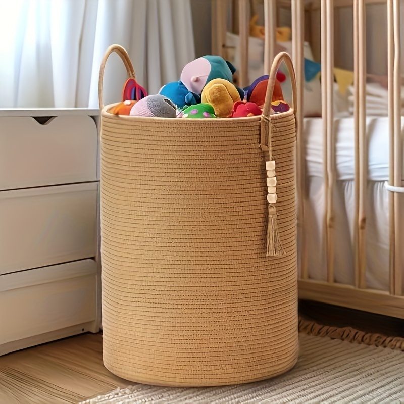 

Jute Rope Laundry Hamper, Tall Woven Laundry Basket With Handles, Round Hamper Aesthetic For Clothes Toys Blankets Pillows With Wooden Hanging Bead