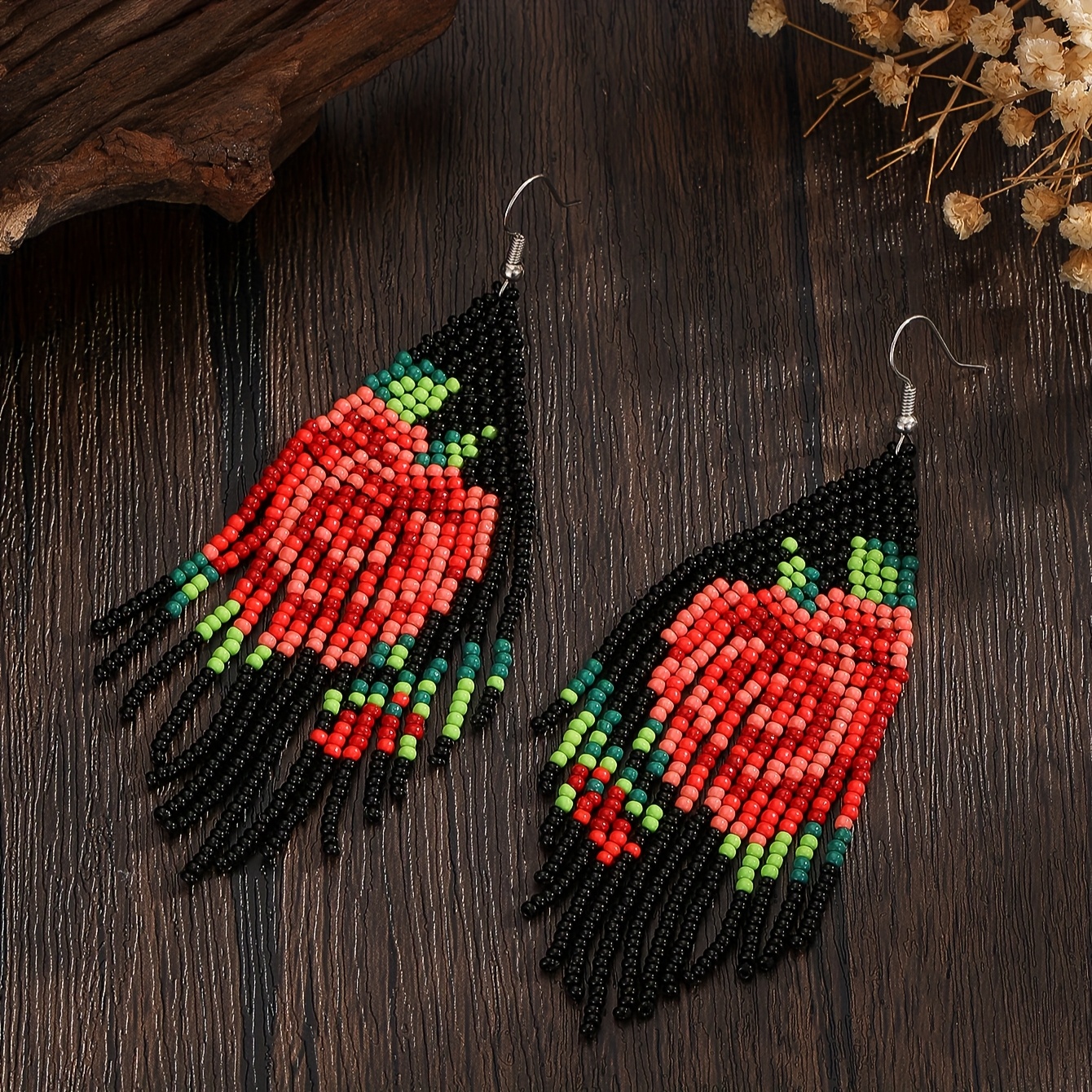 TEMU A Pair Of Handmade Beaded Earrings, Long Women's Beaded Earrings, Romantic Rose Earrings, Dangling Earrings, Tassel Earrings, Woven Earrings,