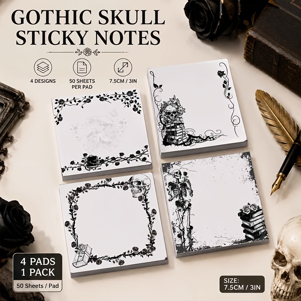 TEMU Gothic Sticky Notes, 7.5cm Vintage Floral Memo Pads, 50 Sheets Per Pad, Self-adhesive Notes For Planner, Journal, Office, School (4 Pads-1/4