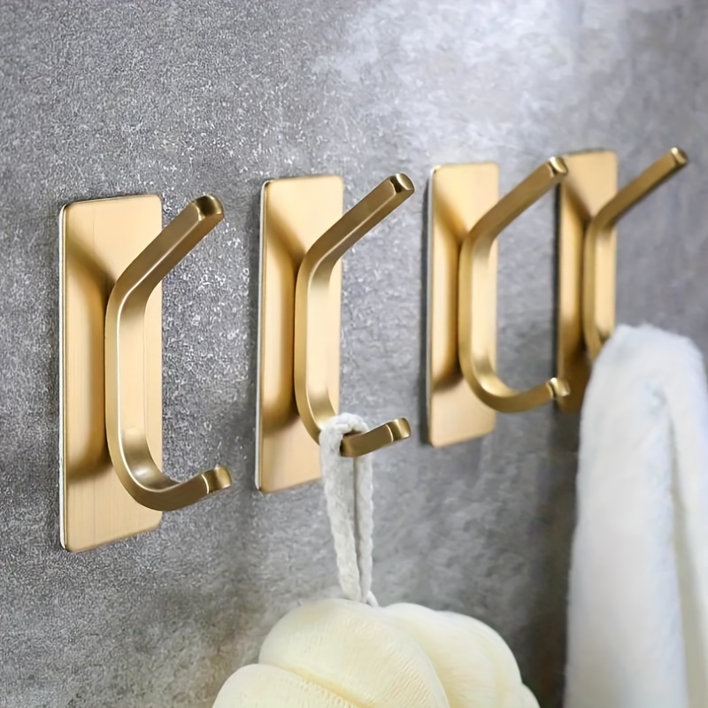 TEMU [customer Favorite] 4pcs Elegant Golden Stainless Steel Adhesive Hooks - Rustproof, No-drill Installation For Bathroom & Bedroom Towels And Hats