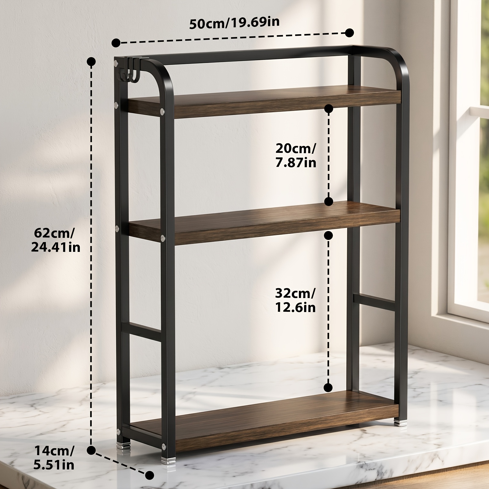 Kitchen Countertop Storage Rack With Hooks, Three-layer Kitchen Shelf, -bearing Kitchen Storage Rack, Seasoning Storage Rack Suitable For Kitchen Countertops