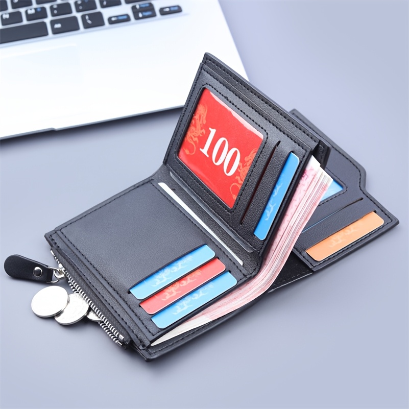 

1pc Unisex Short Bifold Wallet, High-quality Leather, Multi-functional Clutch With 11 Card Slots, 2 Photo Holders, Compartment, And Side Zipper Pocket For Daily -