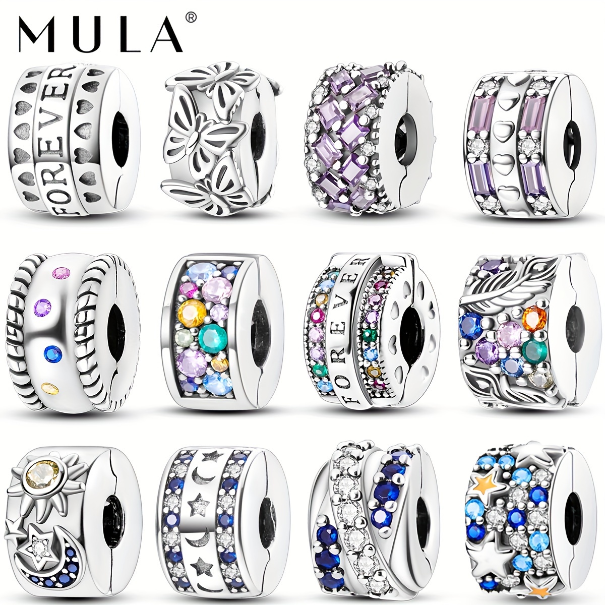 

Mula Brand Copper Charms For Bracelet, 925 Silver-plated, Sparkling Multicolor Cubic Zirconia, Heart & Butterfly, Celestial Sun Moon , Clip Lock Stoppers - Pack Of 1