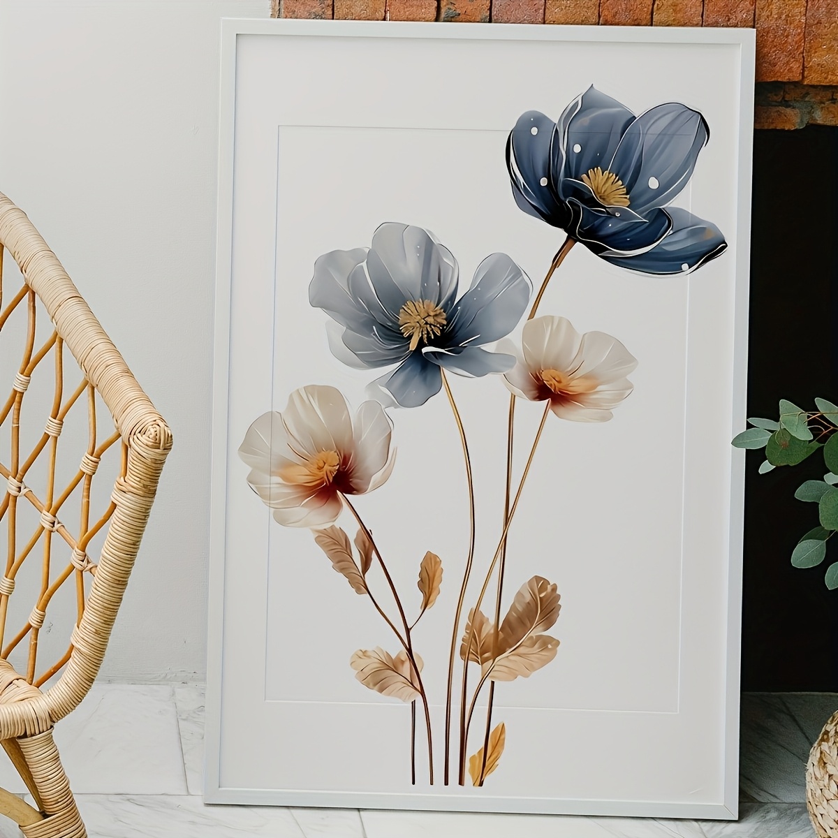 1pc Floral Wall Sticker Mural - Classic Elegant Blue-white Flowers With Golden Accents, High-quality Removable Plastic Decal, Suitable For Bedroom, Living Room, Sofa Background Decor