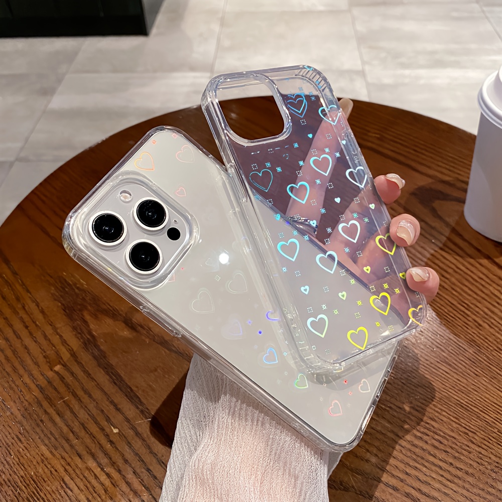 a clear cute sparkling laser holographic heart pattern phone