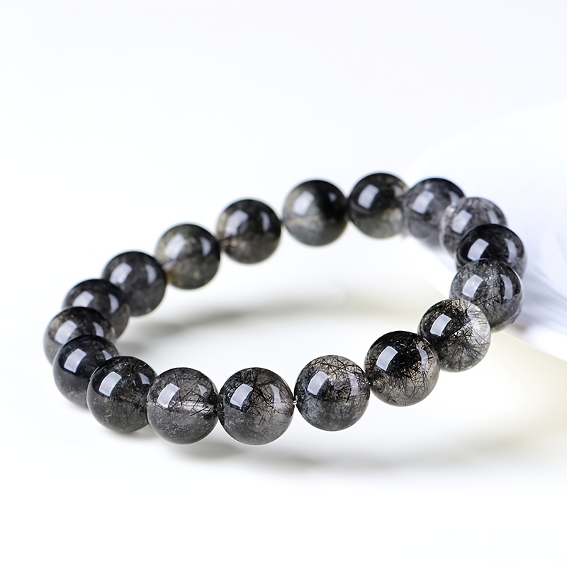 Natural Lace Black Rutilated Quartz Round Bead Bracelet