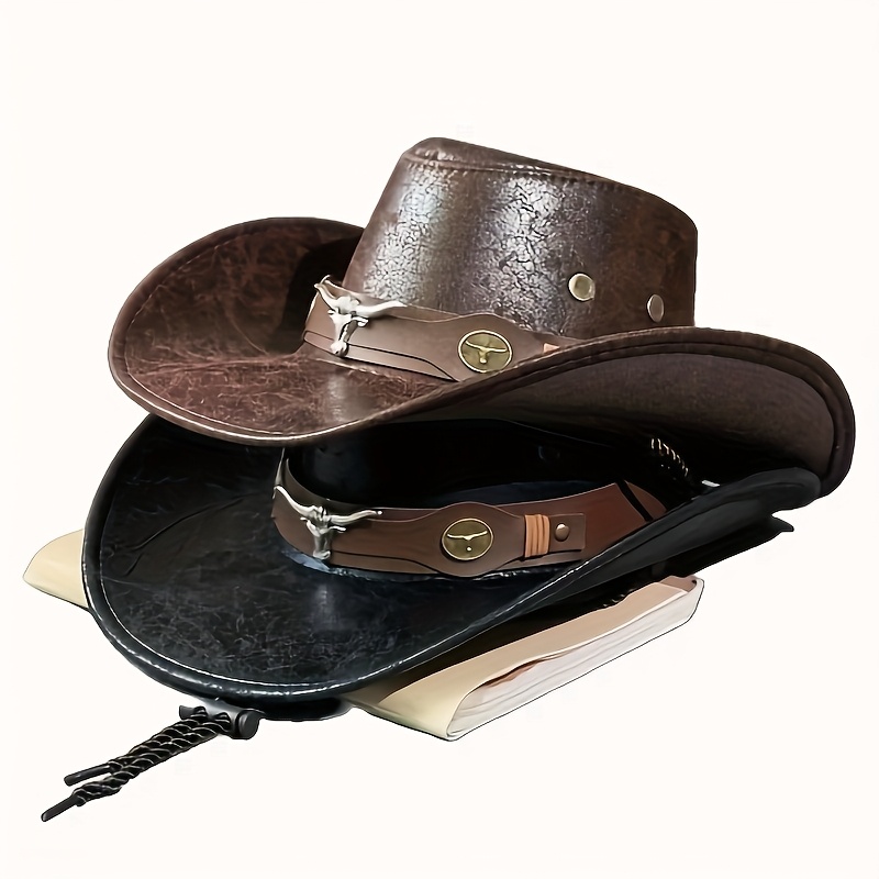 Image of Men's Vintage Western Cowboy Hat - Faux Leather Australian Style With Metal , Black And Brown, Wide Brim, Suitable For , Cowboy Accessories, Adventure Headwear, Design, Durable Headgear