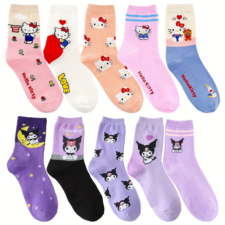 

5/10 Pairs Sanrio Licensed Cartoon Long Tube Socks, Unisex Polyester 98% Spandex 2% Knit Fabric, Machine Washable, Fashion Hip Hop Basketball Skateboard Socks For